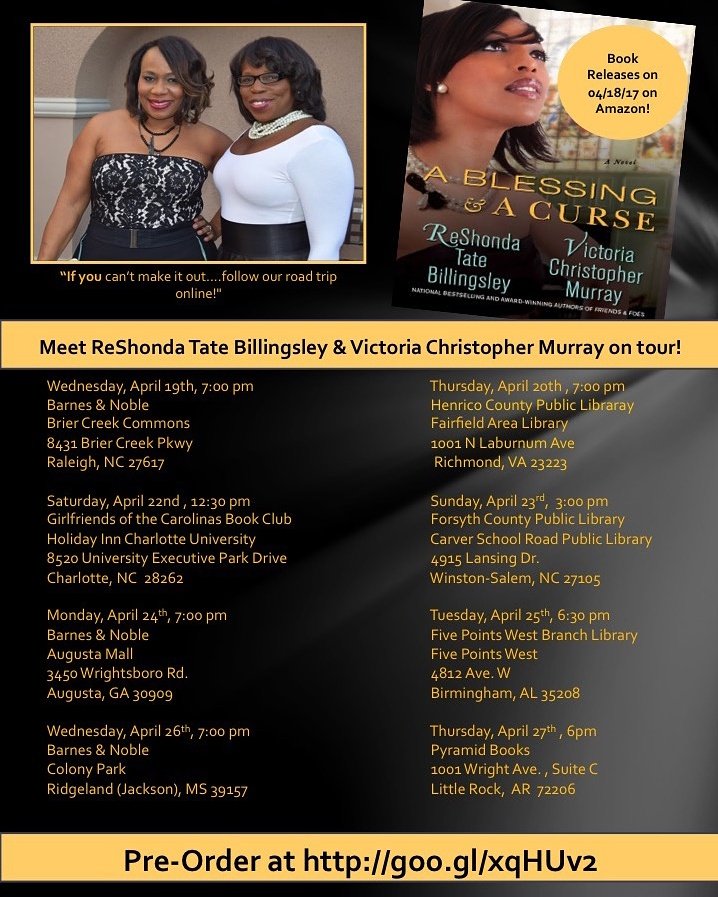 BrownGirlsBooks's tweet photo. Make sure you join @ReShondaT and @VictoriaECM in a city near you for the #ABlessingAndACurse Book Tour! 
#RTBWrites VCMWrites #BookTour https://t.co/nTBveHJ6nr