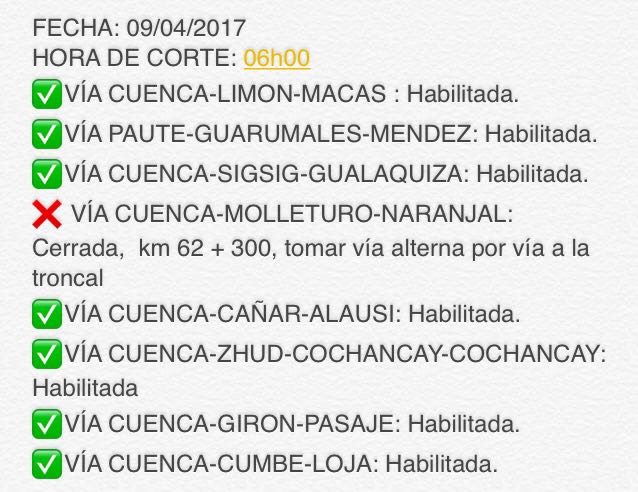 Riesgos_Ec's tweet photo. #SGRinforma: estado de vías #Azuay #Cañar #MoronaSantiago corte 06:00 @CTEcuador @CTE_Azuay @ANT_ECUADOR @ObrasPublicasEc @susana_du https://t.co/FSCriBx5Id