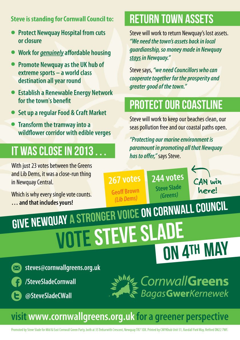 M&E Cornwall Greens #FBPE (@mecornwallgreen) on Twitter photo This is the <a href="/SteveSladeCWall/">Steve Slade</a> leaflet, so well put together by <a href="/designbyGreg/">Greg Matthews</a> and showing Greens can win! Vote Green #cornwall #Elections2017 This is the <a href="/SteveSladeCWall/">Steve Slade</a> leaflet, so well put together by <a href="/designbyGreg/">Greg Matthews</a> and showing Greens can win! Vote Green #cornwall #Elections2017