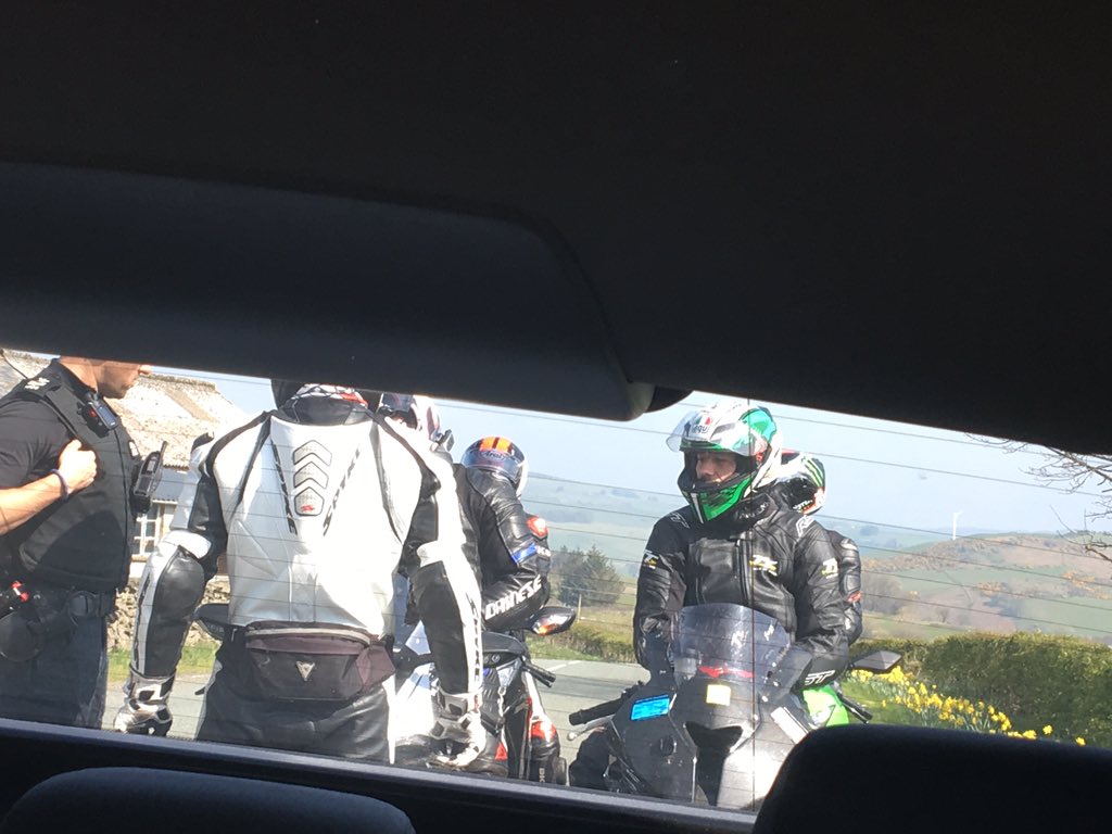 NWPRPU's tweet photo. Group of m/cyclists spoken to in #Cerrig. One issued a TOR for illegal number plate. Officer took opportunity for a friendly chat #OpDarwen https://t.co/xa0wkcaODt