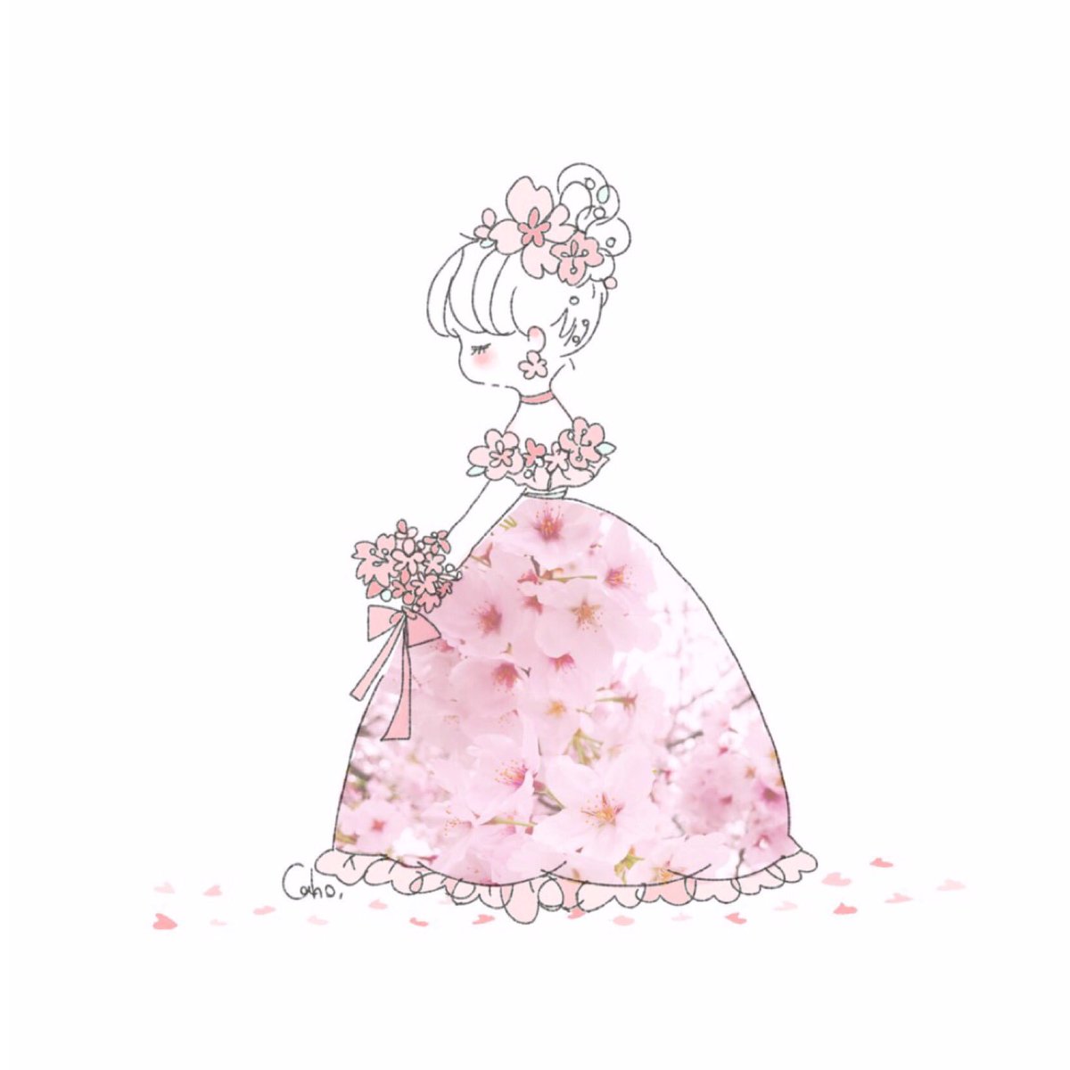 「家の近くの桜のドレス?
満開で綺麗でした✨ 」|Caho.のイラスト