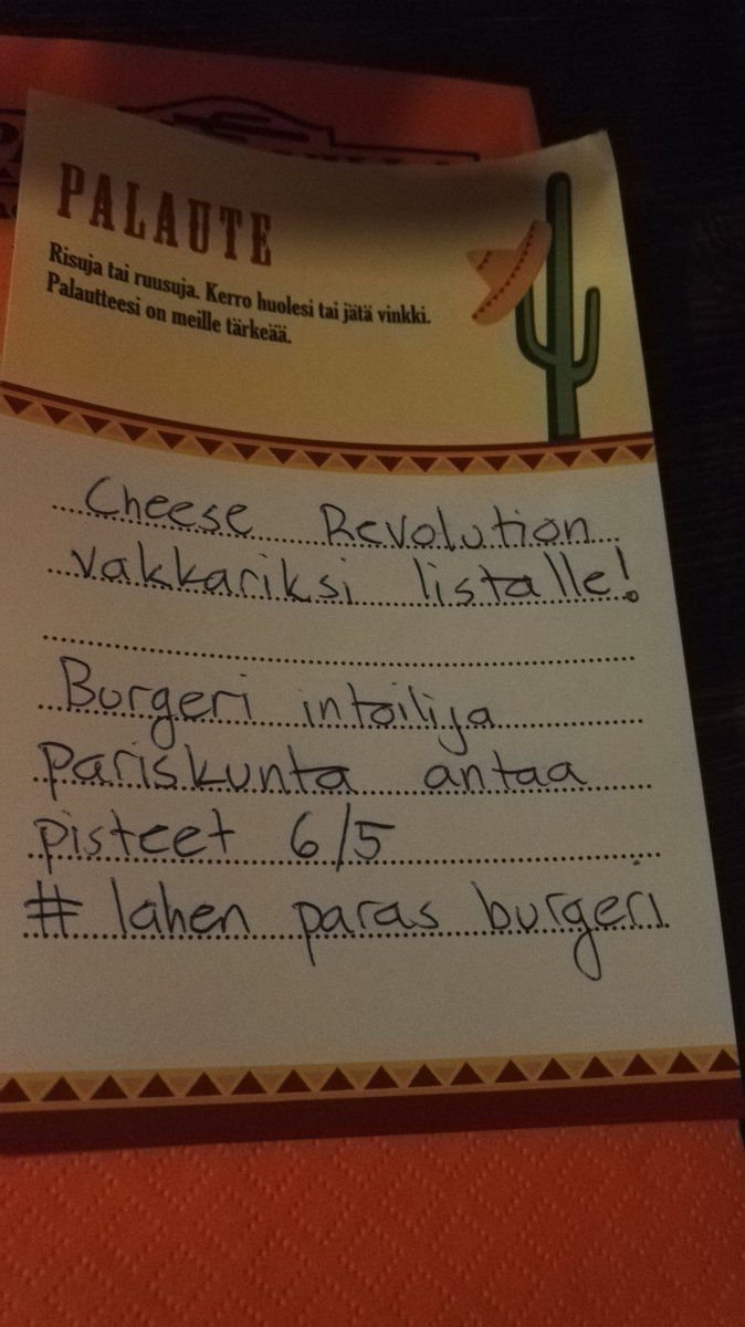 HeapeSonia's tweet photo. #panchovilla #lahti #cheeserevolution #lahenparasburgeri #burgerviikot #palaute #6/5 https://t.co/d8qAn08Gfm