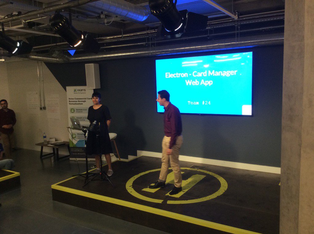 MarkLarwood's tweet photo. And we're under way with the pitches at #IxHack17 with @ixaris & @OpenPayCloud @huckletree https://t.co/lJnCJ2j5iQ