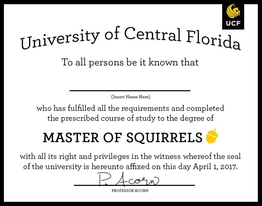 Ratatosk4's tweet photo. I believe this @UCF "Master of Squirrels" diploma explains why  @UCFSquirrels haven't tweeted in over a year: they've all graduated! 🐿🎓🐿🎓🐿🎓🐿 https://t.co/BRIGclwkMc