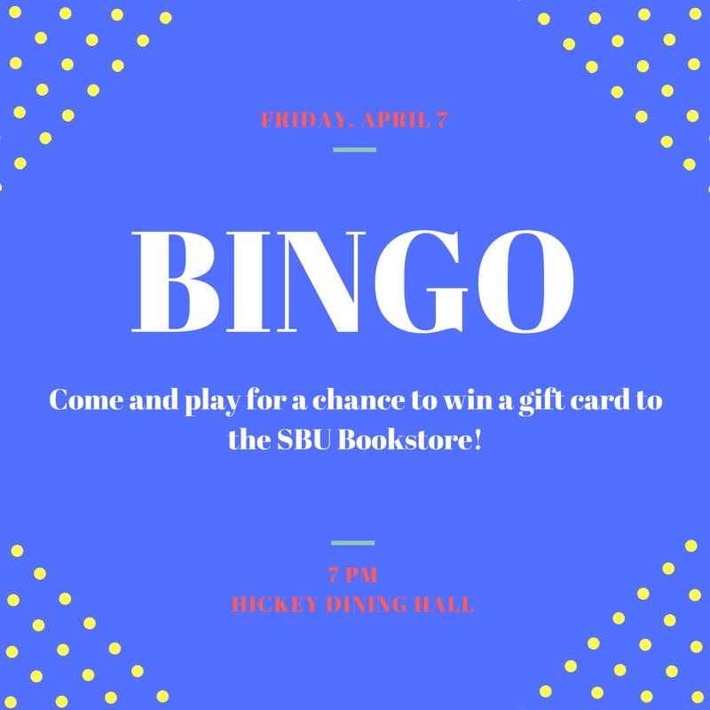 SBUCAB's tweet photo. In need of new Bona gear? Come and play Bingo tonight at 7 in the Hickey for a chance to win a gift card to the SBU Bookstore! 💛🐺 https://t.co/hkG999gWOE