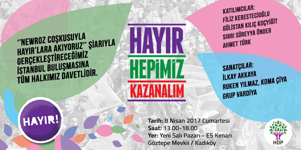 İstanbul, yarın HAYIR diyecek. Saat 13:00'de Kadıköy'de bir araya gelelim.
#EnHayırlıMitingKadıköyde
