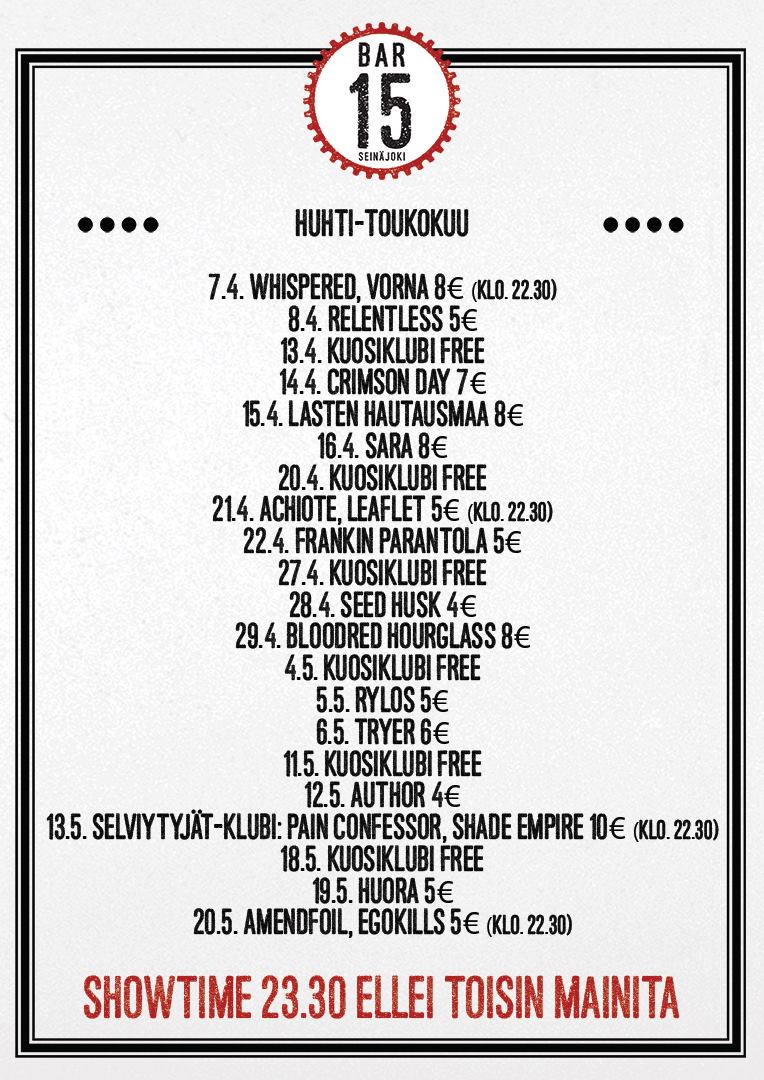 bar15sjk's tweet photo. Huhti-toukokuun tulevaa ohjelmistoa! #bar15 #huhtikuu #toukokuu #seinäjoki #wartti #livemusiikki #kuosiklubi https://t.co/h5ugGCT4di