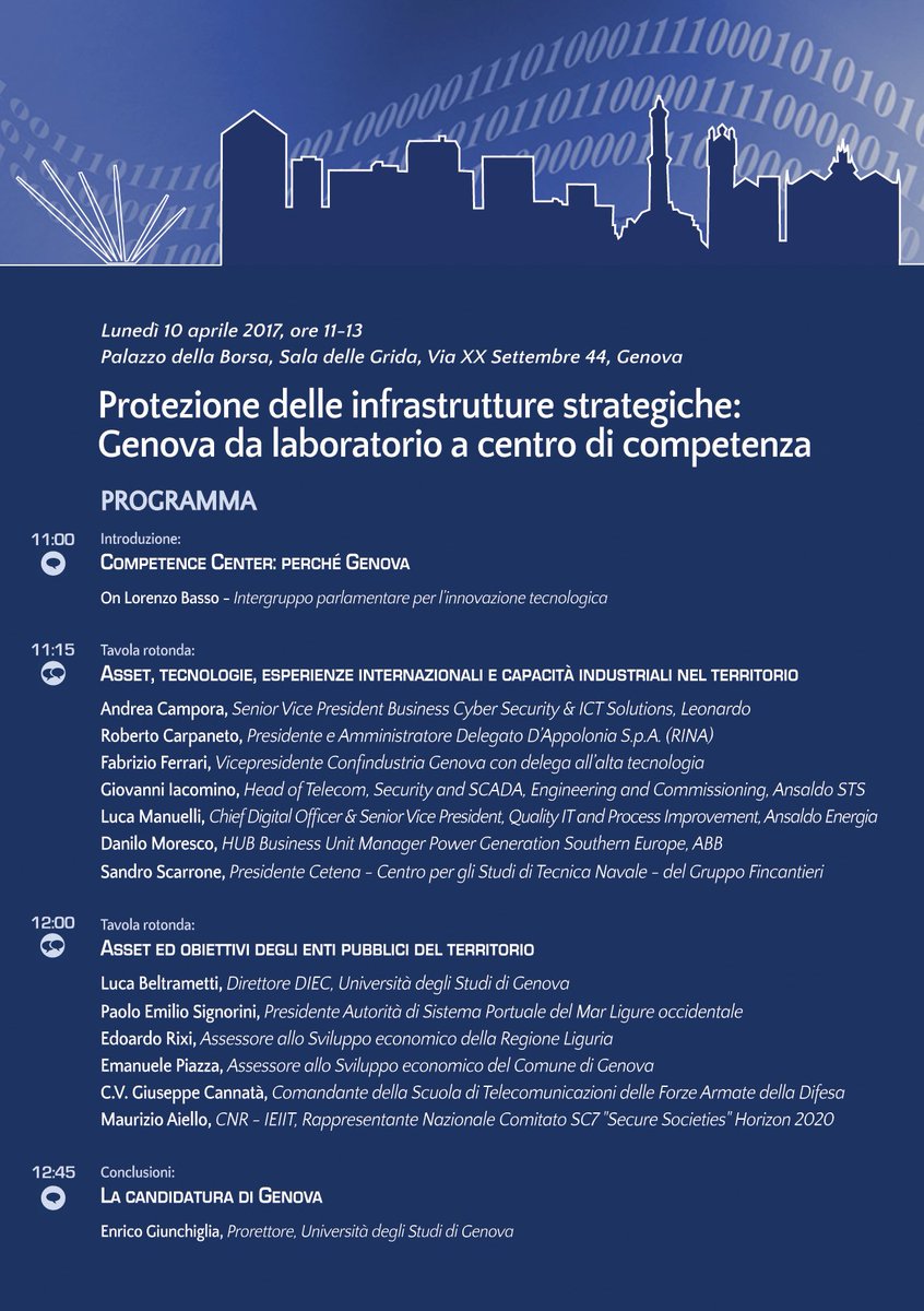 Leonardo_IT's tweet photo. #Leonardo partecipa al convegno sulle #InfrastruttureStrategiche per candidare #Genova a Centro di Competenze su Industria 4.0 #ICT #BigData https://t.co/37g4P93plz