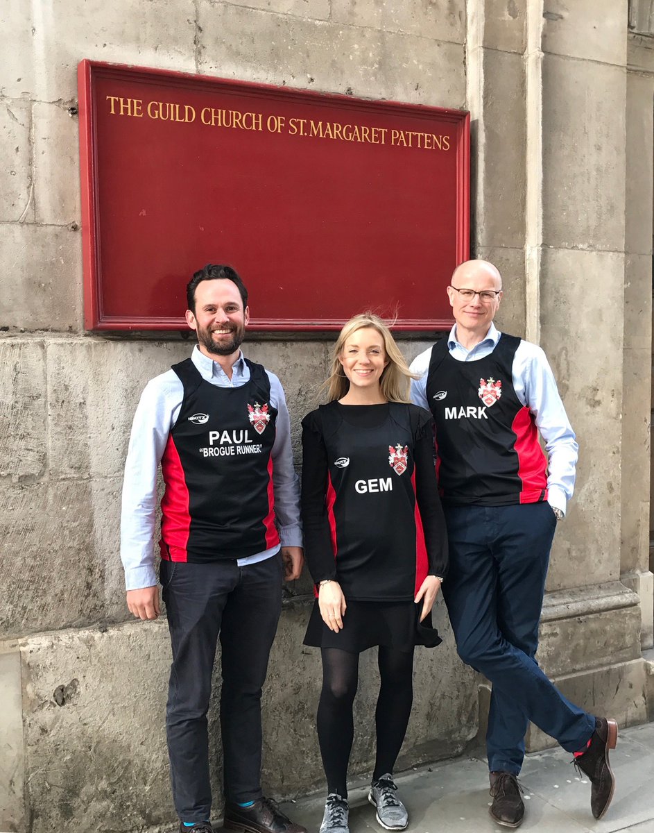 PattenmakersCo's tweet photo. The #Pattenmaker #marathon team picked up their running vests today! Here are 3 of them in front of our guild church; Paul, Gemma & Mark! https://t.co/JTaVZRBx5m