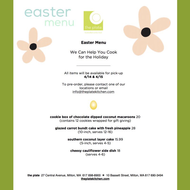 ThePlateKitchen's tweet photo. Our Easter menu is up! We're taking pre-orders so stop in either location, call or email! #theplate #easter #eastermenu #theplateatmmp https://t.co/ZiRP4Ecz4y