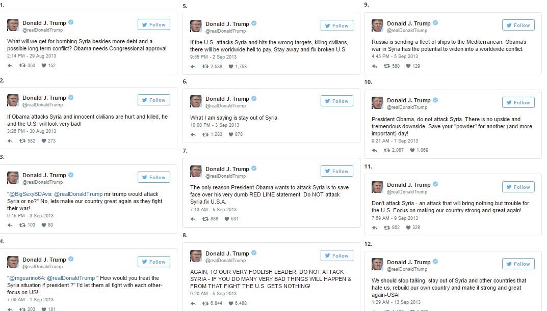TrumpTricks's tweet photo. 12 Trump tweets begging Obama NOT to get involved in Syria...
#SyriaStrikes https://t.co/hRMY82arBV