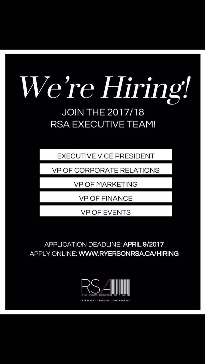 ryersonRSA's tweet photo. WE'RE HIRING! Want to be apart of the 2017/2018 RSA Executive Team? Here's your chance! 
Apply Online
Application Deadline Ends Soon! https://t.co/SuOPISHcUL
