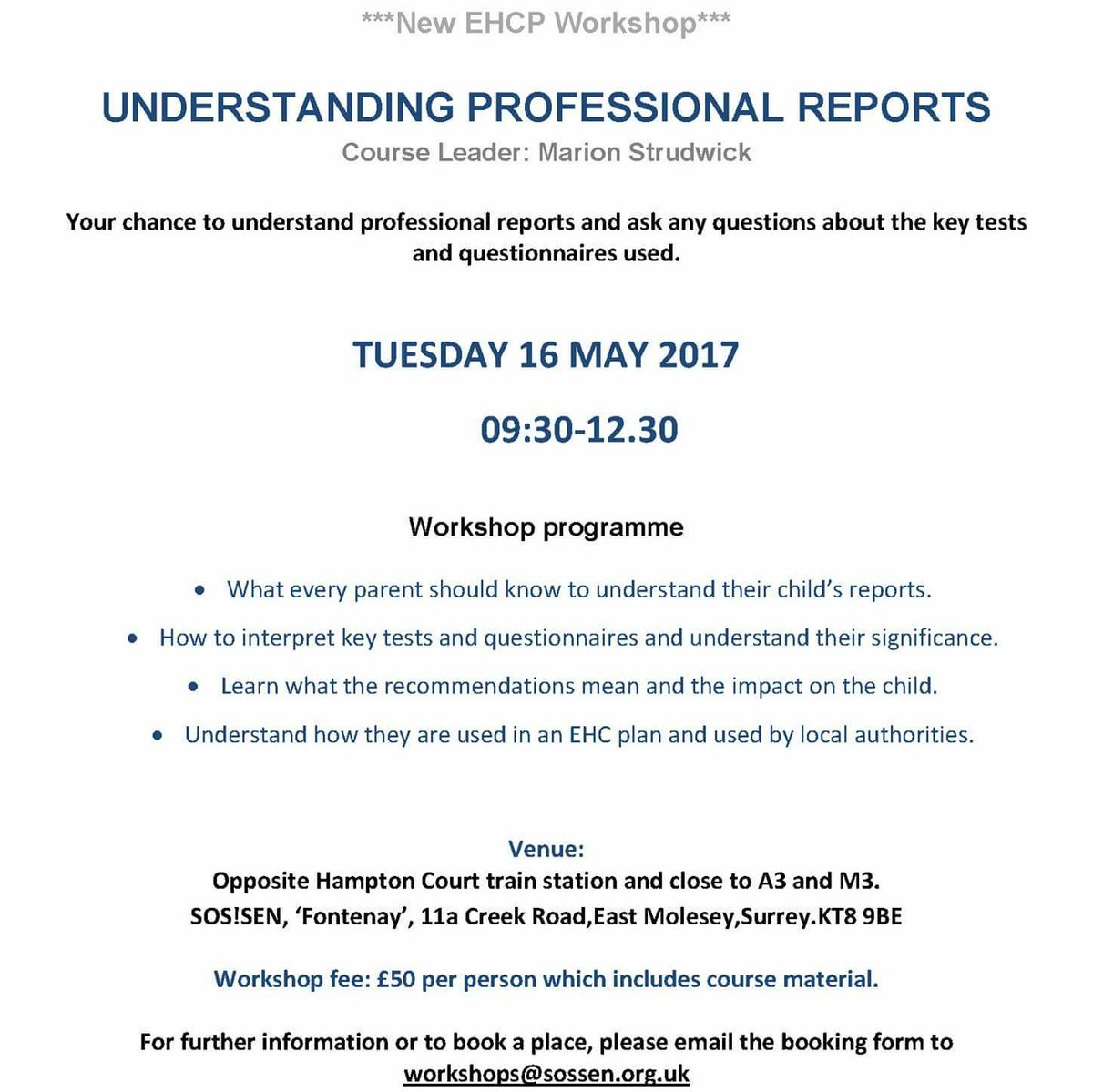 sos_sen's tweet photo. #SOS_SEN #SENadvice #Workshop Understanding Professional Reports, on 16th May near #HamptonCourt workshops@sossen.org.uk https://t.co/ug1e7x2v2E