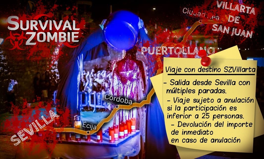 SZfanZ's tweet photo. Viaje a @SurvivalZombie de @WRG_SZ #SZVillarta . SALIDA: #Sevilla .PARADA Y RECOGIDA: #Puertollano . Info y reservas https://t.co/RcrmMBwTRT https://t.co/qgPtCn3JKE