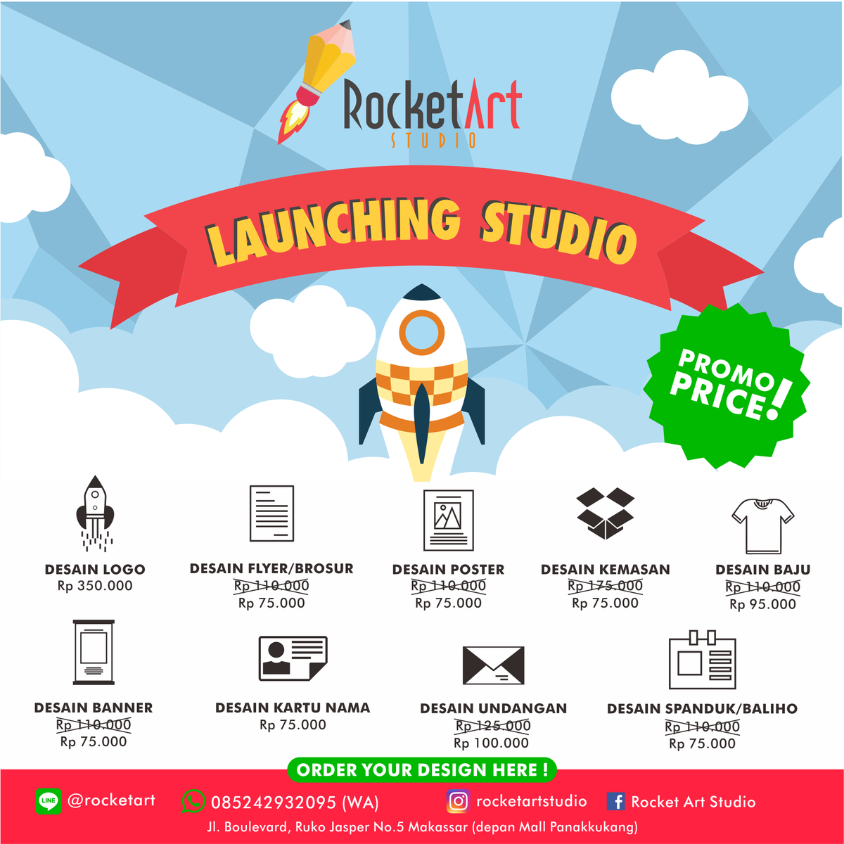 studiorocketart's tweet image. LAUNCHING STUDIO Rocket Art !

Sekarang kamu sudah bisa bertandang langsung ketemu tim Rocket Art di studionya untuk order desainmu, gan!
