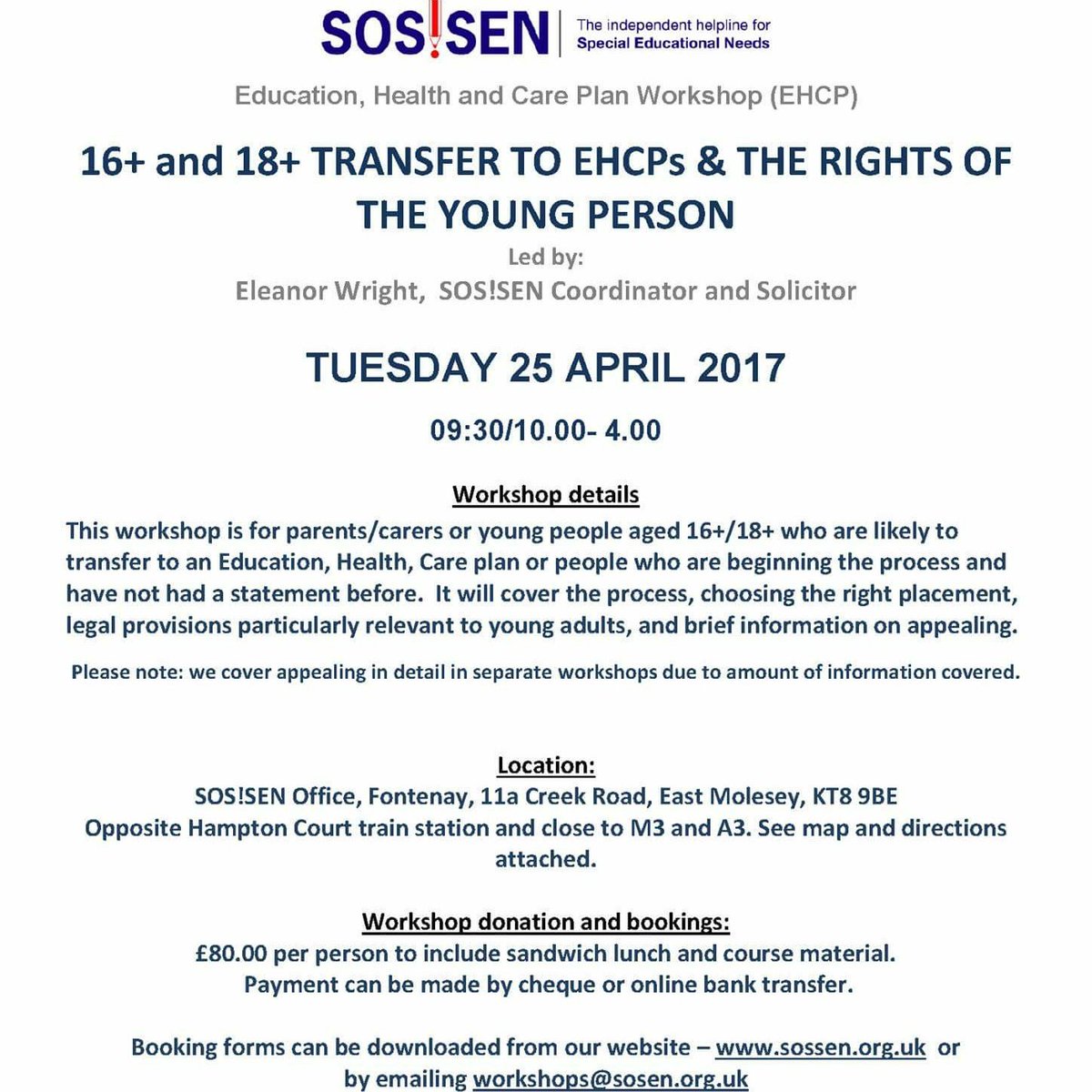 sos_sen's tweet photo. #sos_sen #SENadvice #Workshop 16+/18+ Transfer to EHCPs &amp; Rights of the Young Person, on 25th May near #HamptonCourt workshops@sossen.org.uk https://t.co/G6BzS6x6WU