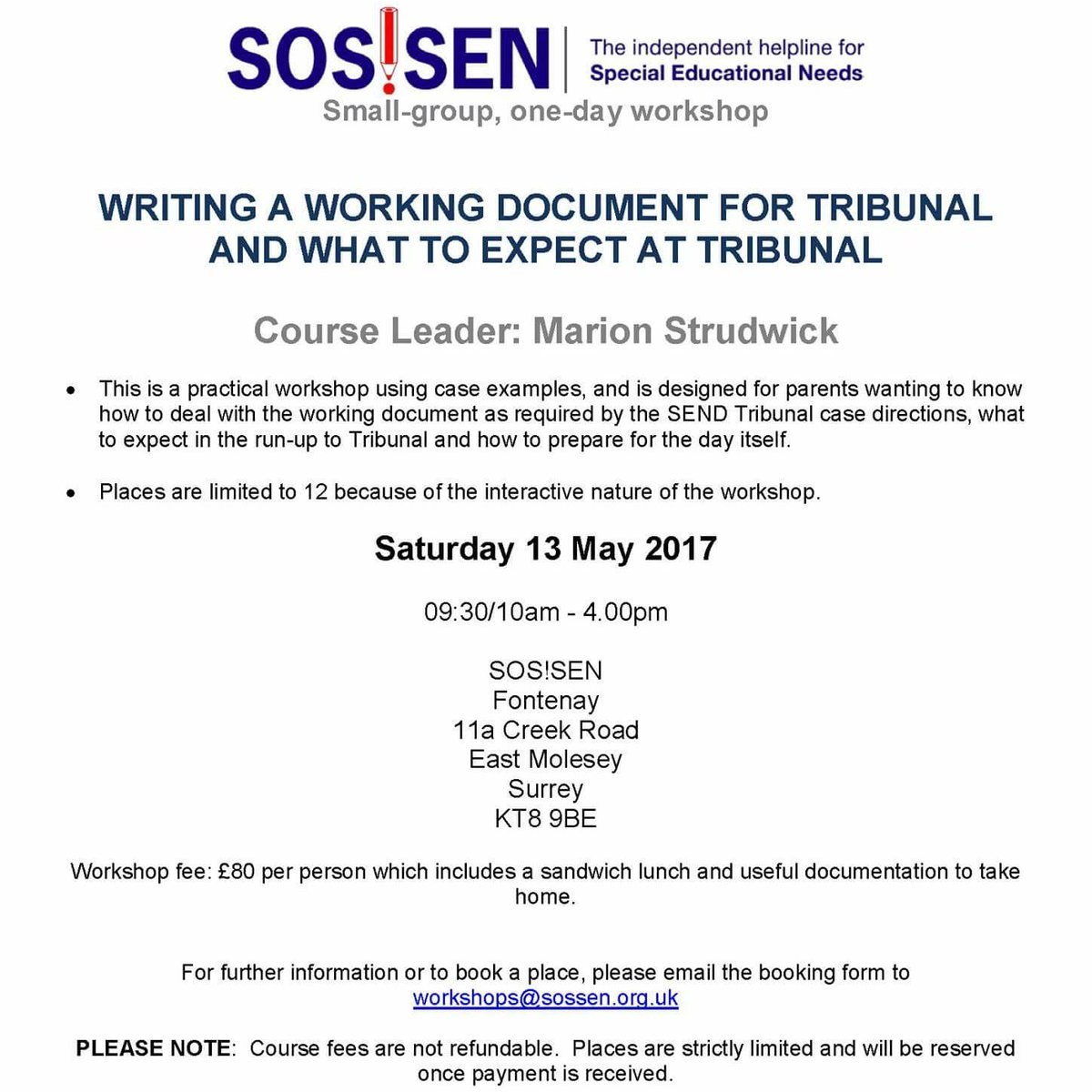 sos_sen's tweet photo. #sos_sen #SENadvice #Workshop Writing Working Documents for Tribunal/ What to Expect at Tribunal, near #HamptonCourt workshops@sossen.org.uk https://t.co/KfUDNb9J7U