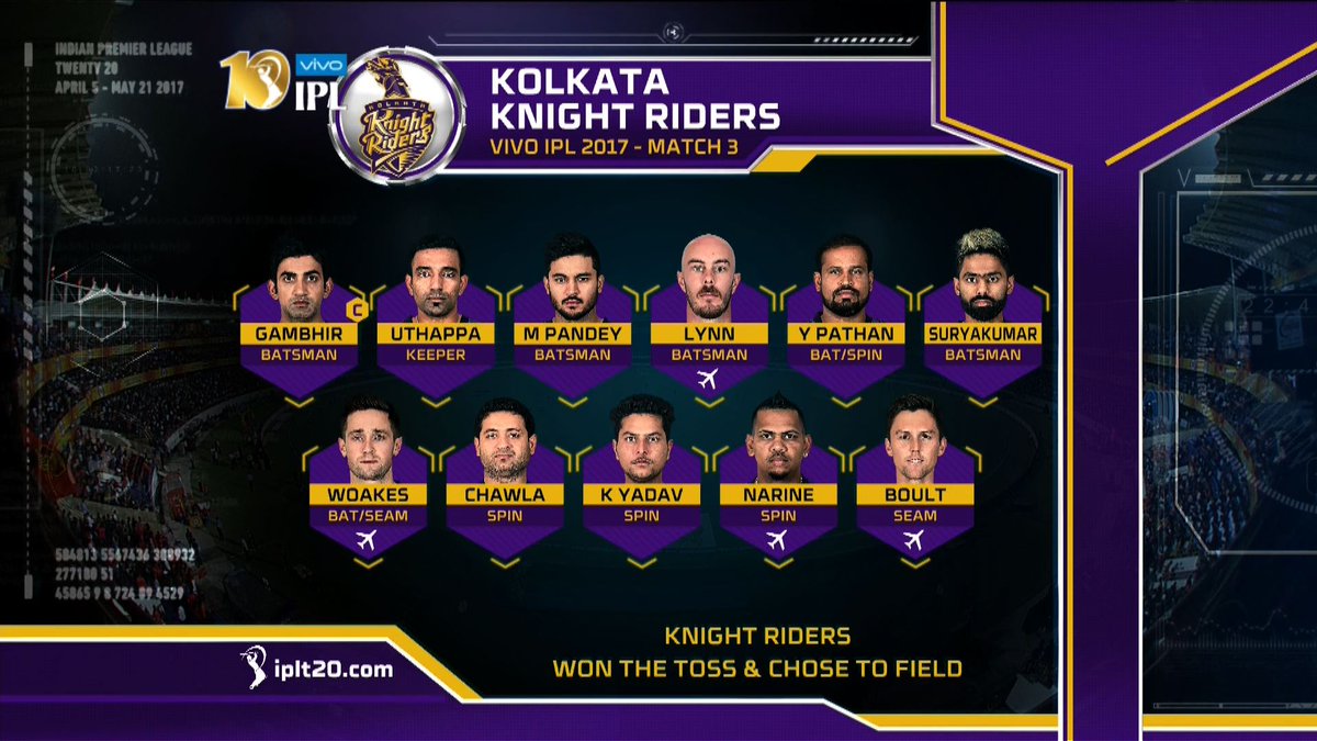 PSleaguet2O's tweet photo. The Playing XIs for #IPL Match 3 - @TheGujaratLions vs. @KKRiders https://t.co/EpjZv73gcn