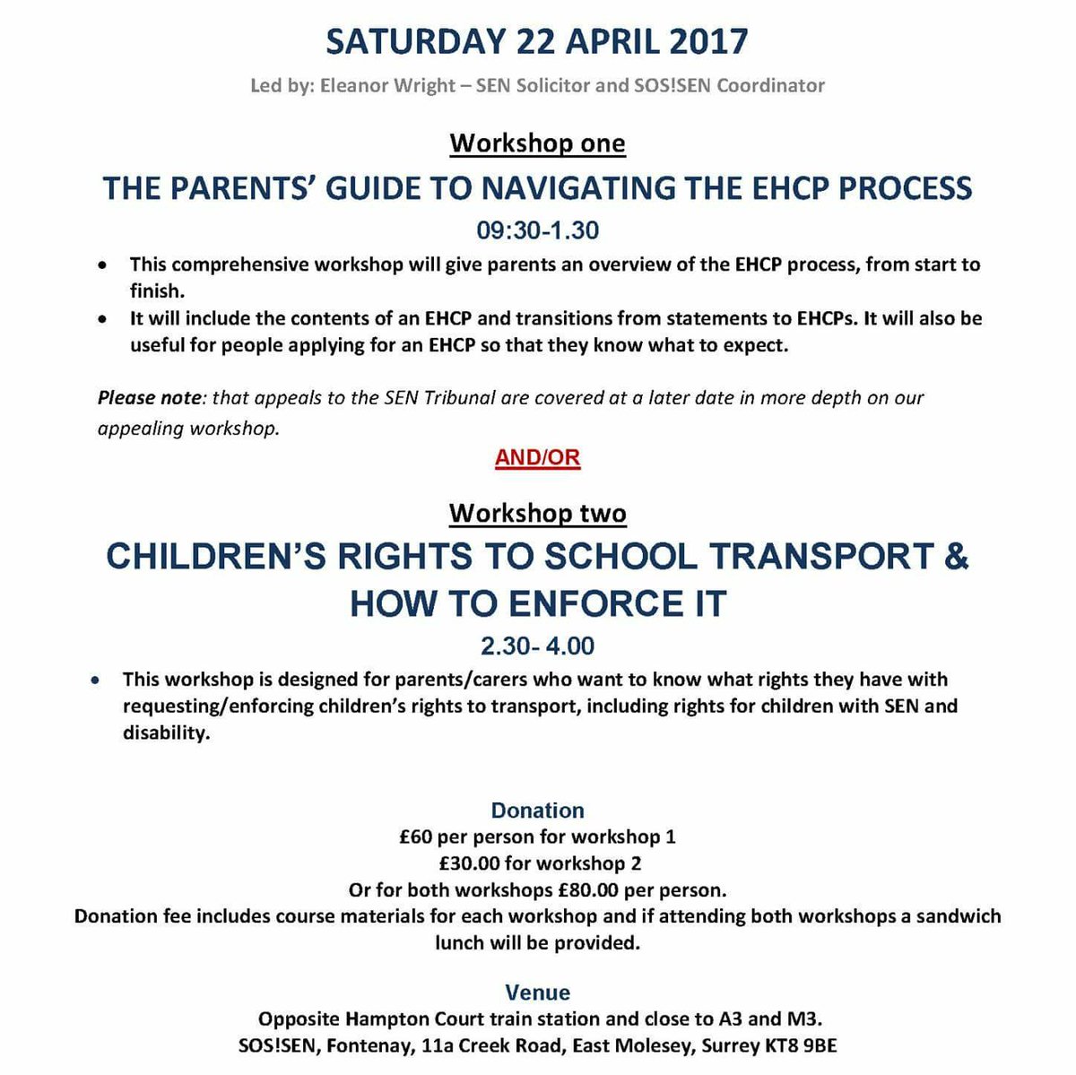 sos_sen's tweet photo. #sos_sen #SENadvice #Workshop Navigating EHCP Process &amp;/or Rights to School Transport, 22nd April near #HamptonCourt workshops@sossen.org.uk https://t.co/NAfMnNGRJd