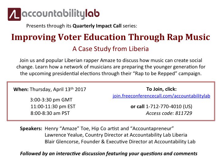 AccountLab's tweet photo. Mark your calendars for our quarterly #impactcall next Thursday at 11am EST, featuring Liberian accountapreneur and #hipco artist Amaze! https://t.co/xNHHhANB0W