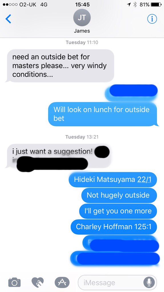 akw144's tweet photo. Smashed the #masters2017 long shot taking haven't I.... #TheMasters #TheMasterAtBettingOnTheMasters #6yearsprofitinarow https://t.co/8maATMXfbQ