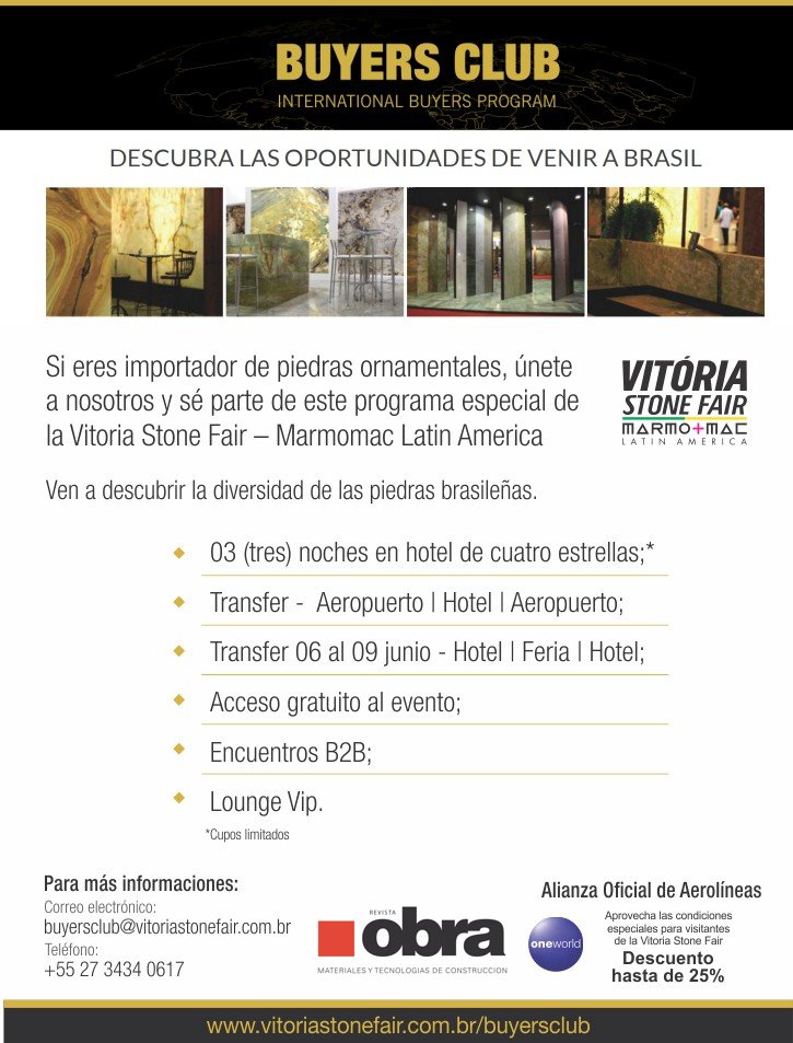 RevistaObra's tweet photo. Revista Obra invita a los importadores de piedras a participar del Buyers Club @Italtop_mgta @marmoleskarpoff @MarmolPefersa @marmoleriacima https://t.co/ZpjCfG5w4t