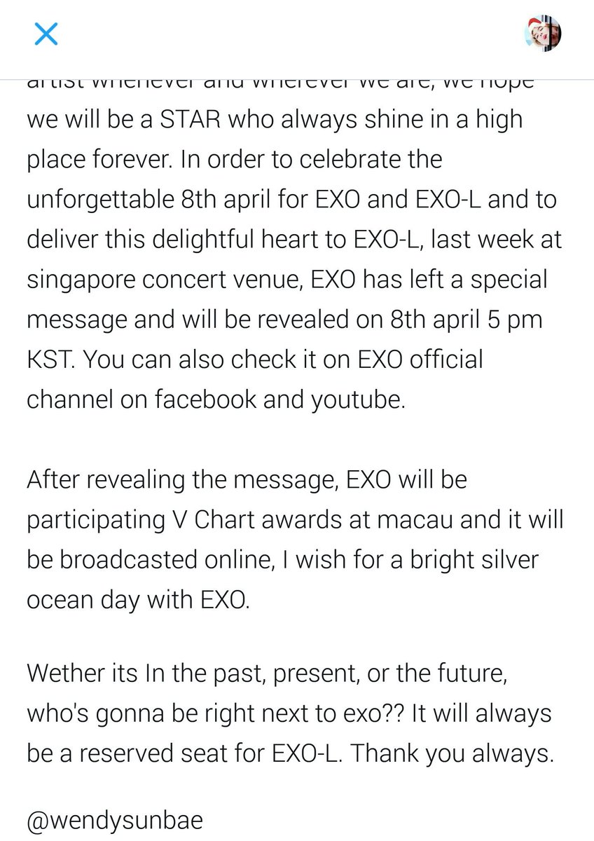 wendysunbae's tweet photo. 170408 EXO website update

"Wether its in the past, present, or future, wholl be next to EXO? It'll always be a reserved seat for EXO-L" https://t.co/UB6ZBgKlVt