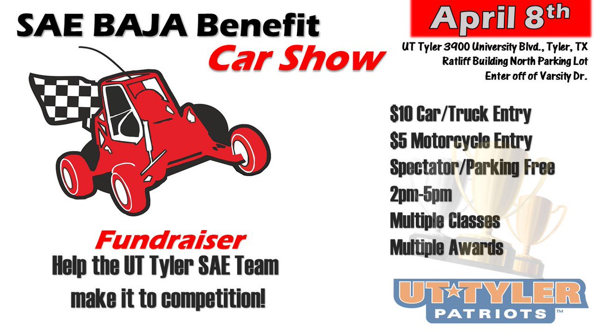 UTTylerCOE's tweet photo. Car show tomorrow! Help your Baja team go to competition! #Kansasbound #UTTyler #RedDirtRacing https://t.co/q13Waxxi4N