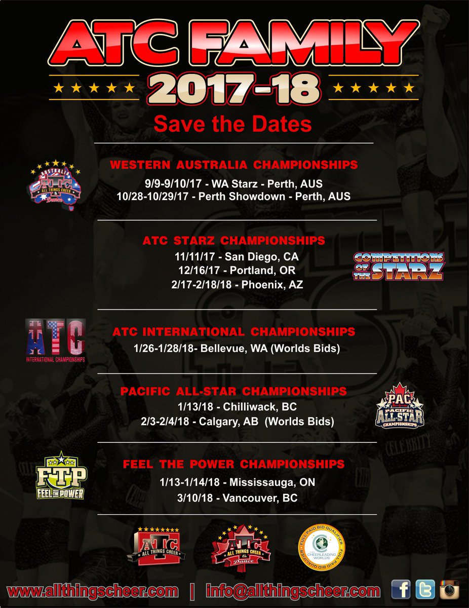 2017-2018 ATC Family Competition dates! You will not want to miss out! #cheercompetitions #international <a href="/ATC_Australia/">All Things Cheer AUS</a> <a href="/atc_spectacular/">All Things Cheer</a>