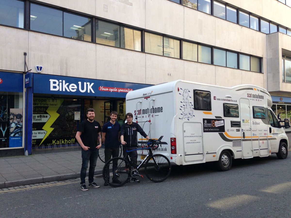 MrMarkBeaumont's tweet photo. Many thanks to @bikeuk and @calvinrideshome for the speedy repair! #AroundBritain #80Days https://t.co/csOJxNRFrW