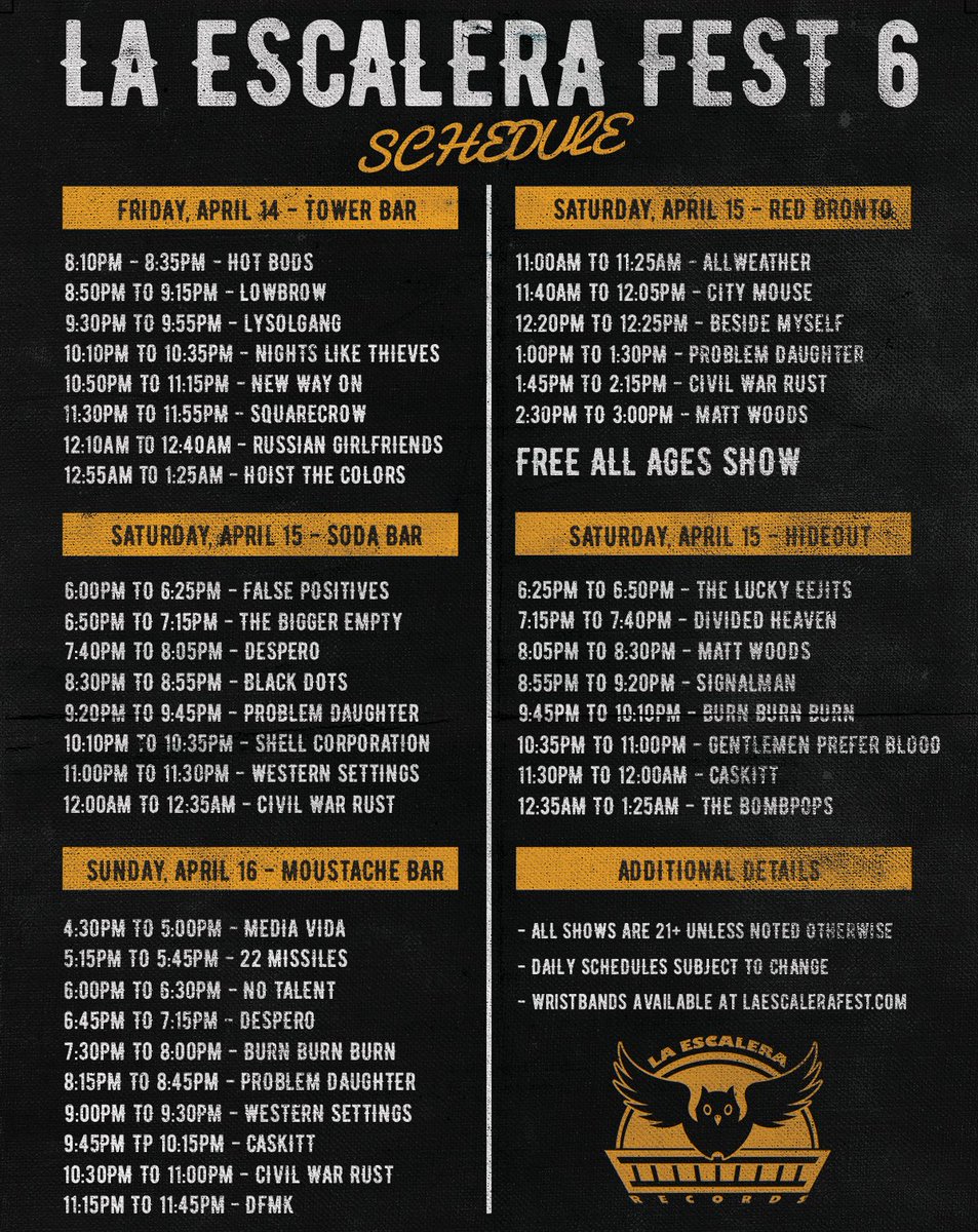 laescalerarecs's tweet photo. Here's the daily lineup schedule for La Escalera Fest 6! A few wristbands still available at https://t.co/dlxxfl2To0 https://t.co/KNO0LUlcET