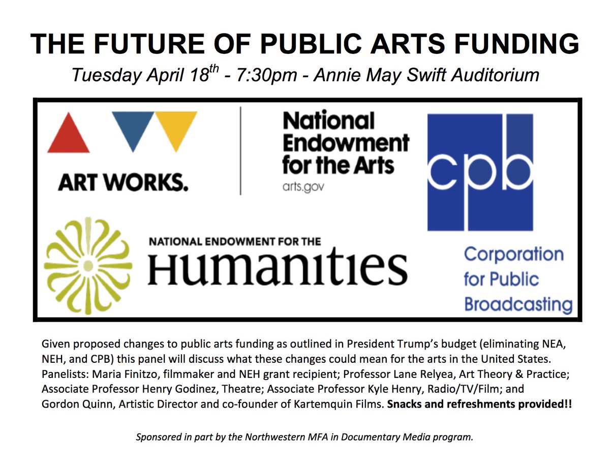 Kartemquin's tweet photo. What could proposed changes to public arts funding mean for arts in the US? @GordonQuinnKTQ and @MariaFinitzo to weigh in April 18: https://t.co/TIj0qowQy5