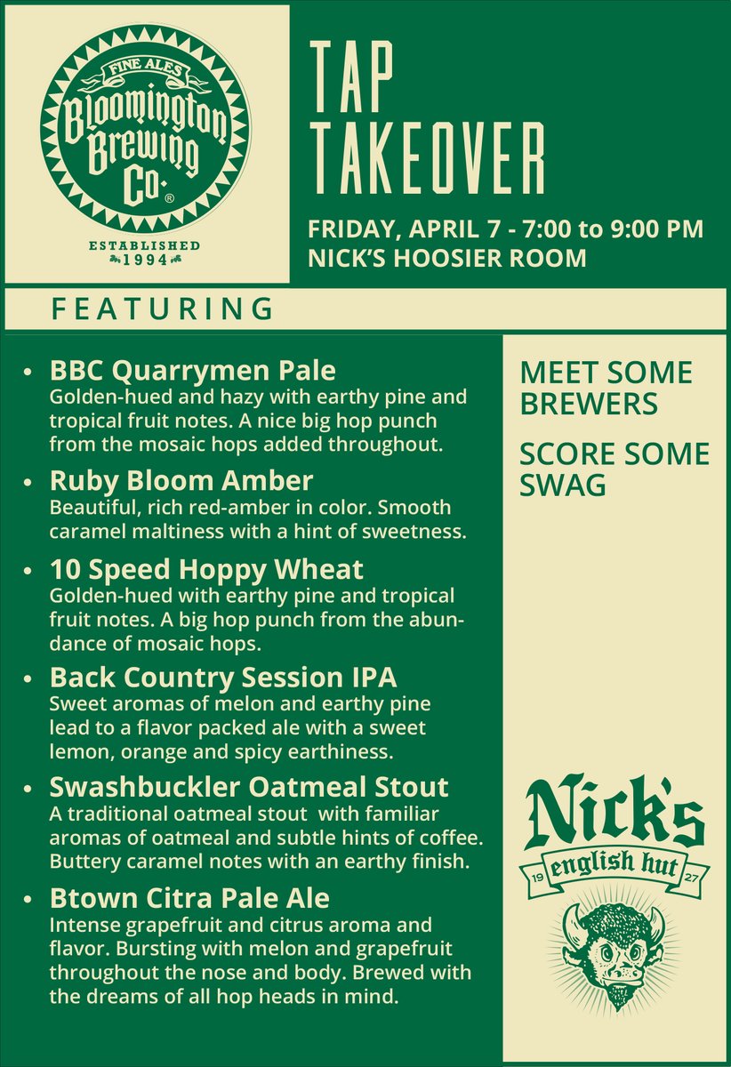 btownbeerweek's tweet photo. It's Friday of #BtownBweek and the tradition continues! Join @BloomingtonBrew at @NicksEnglishHut at 7pm for a Tap Takeover! https://t.co/5ji02FO8sA