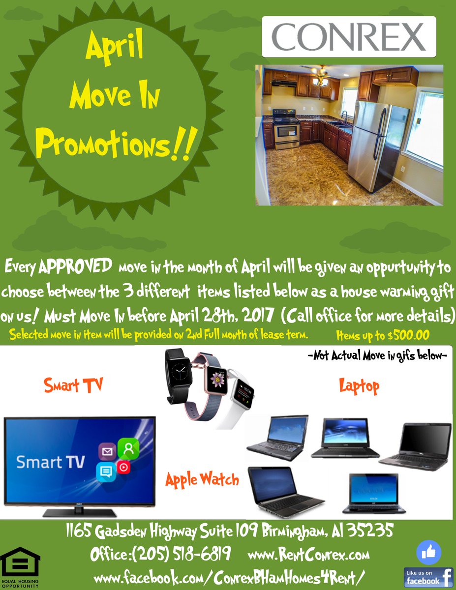 ConrexBham's tweet photo. Check out this April Move In Promotion! Move in before April 28th for an opportunity to receive one of these wonderful items!!! #rentconrex https://t.co/5BXi3D3xnf