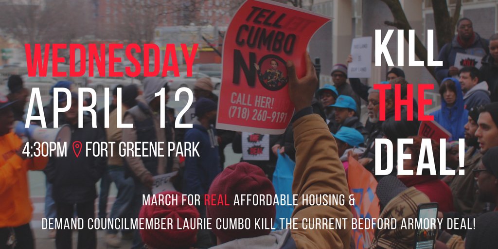 nychange's tweet photo. On April 12th, we bring the fight to @cmlauriecumbo's office.

March to #killthedeal for the Bedford Armory! https://t.co/VKhCT5arFs https://t.co/e2c11ctlXs