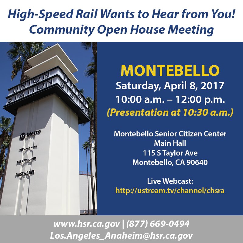 CaHSRA's tweet photo. Tomorrow's #CAHSRA open house meetings tomorrow in Montebello will be streamed online at https://t.co/lIzbf7OLCn https://t.co/QxGcfqDANm