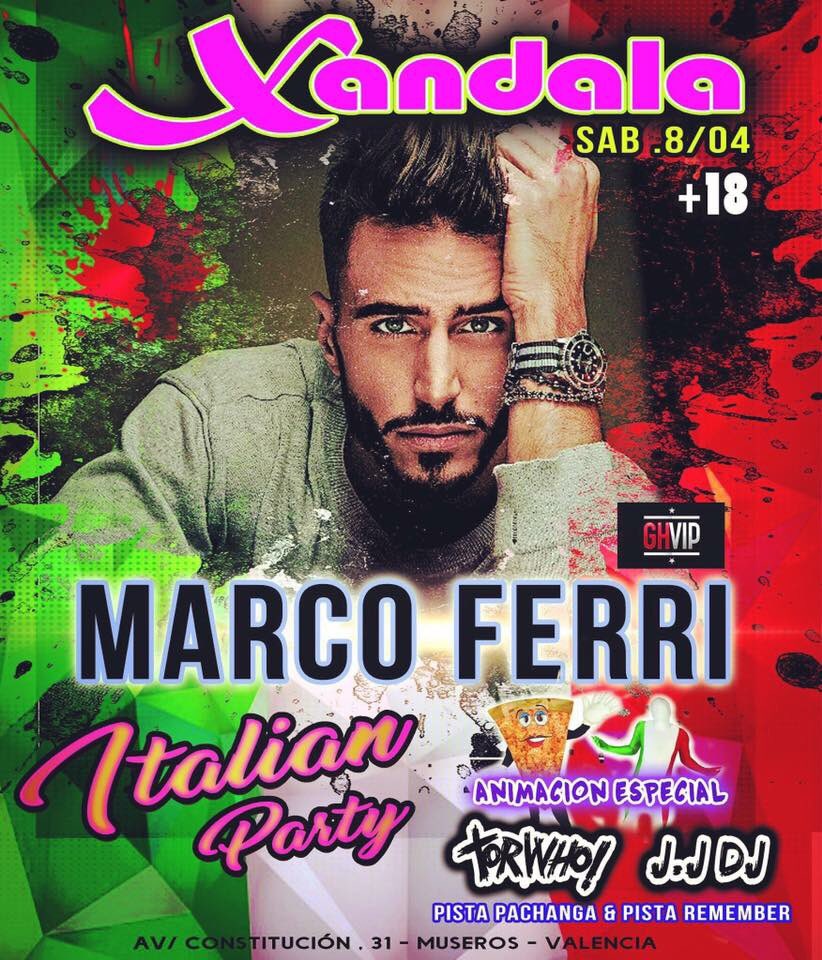 El sábado <a href="/marcoferritv/">Marco Ferri</a> estará en <a href="/XANDALAclub/">Xandala dance club</a> en Museros, Valencia #GHVIP5