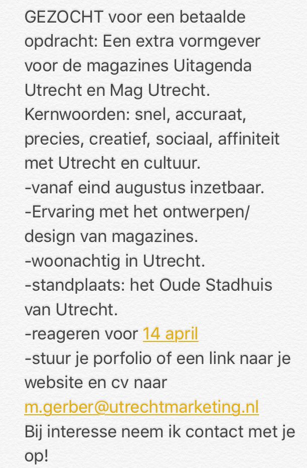 melindegerber's tweet photo. GEZOCHT een vormgever @uitagenda030 en @MagUtrecht voor een betaalde opdracht in #Utrecht. Check de #vacature https://t.co/pVdK5PnJMa