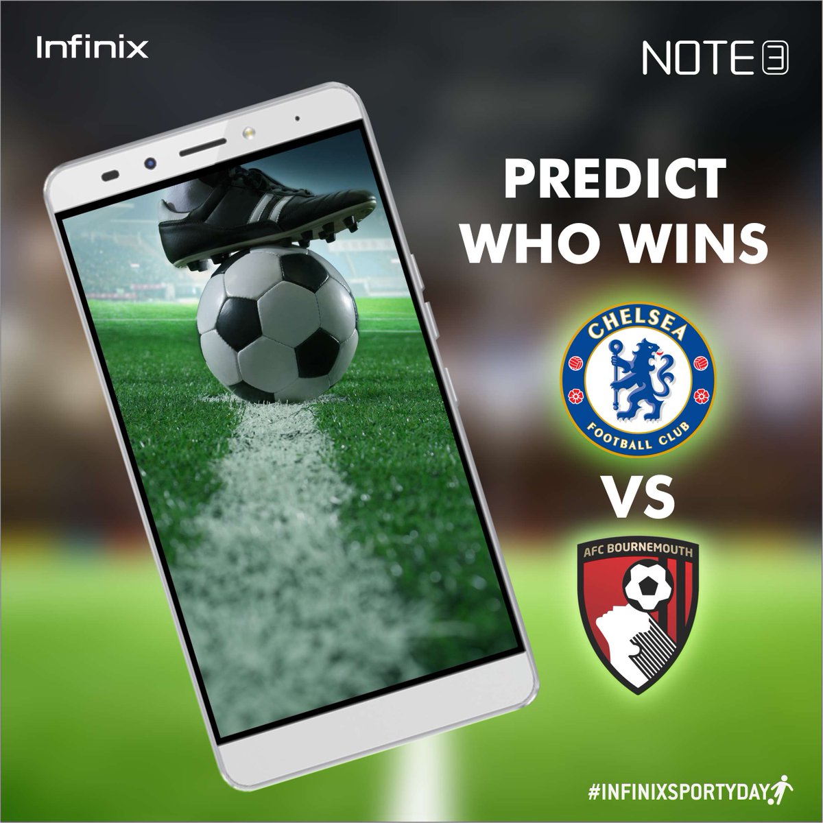 InfinixNigeria's tweet photo. Bournemouth will be up against Chelsea today, but can they shake them up? Predict the scoreline.#InfinixNote3 https://t.co/ZNCPnFfOfY