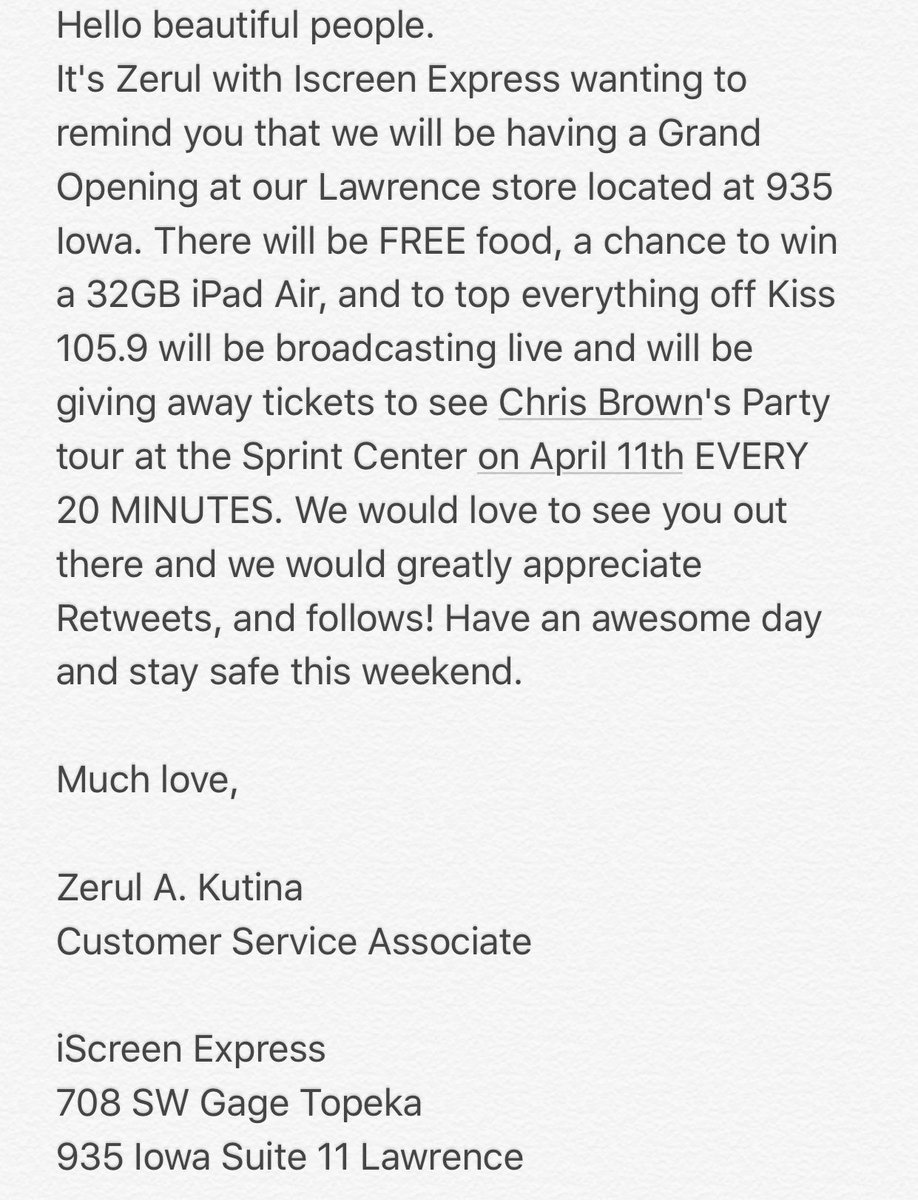iScreenExpress's tweet image. Hey everyone, we are Having a Grand opening in Lawrence tommorrow!!! Details below. #SupportLocalBusiness #FreeStuff @1059KISS @chrisbrown