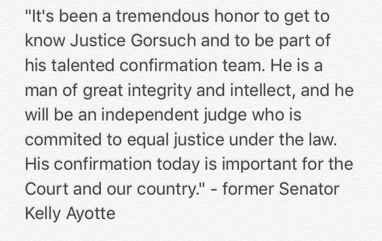 KellyAyotte's tweet photo. Congratulations, Justice #Gorsuch! My statement: https://t.co/izURhW5CnB