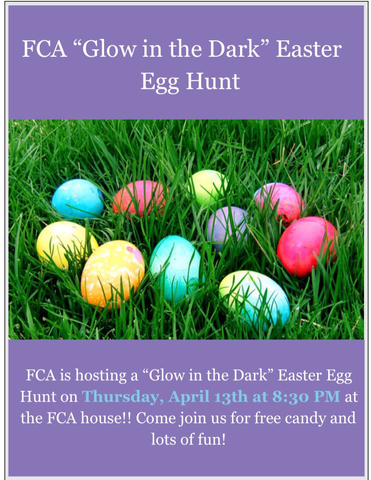 VSU ATHLETES!! Grab your friends and come out to the FCA House for a Glow in the Dark Easter Egg Hunt! Thursday April 13th at 8:30!