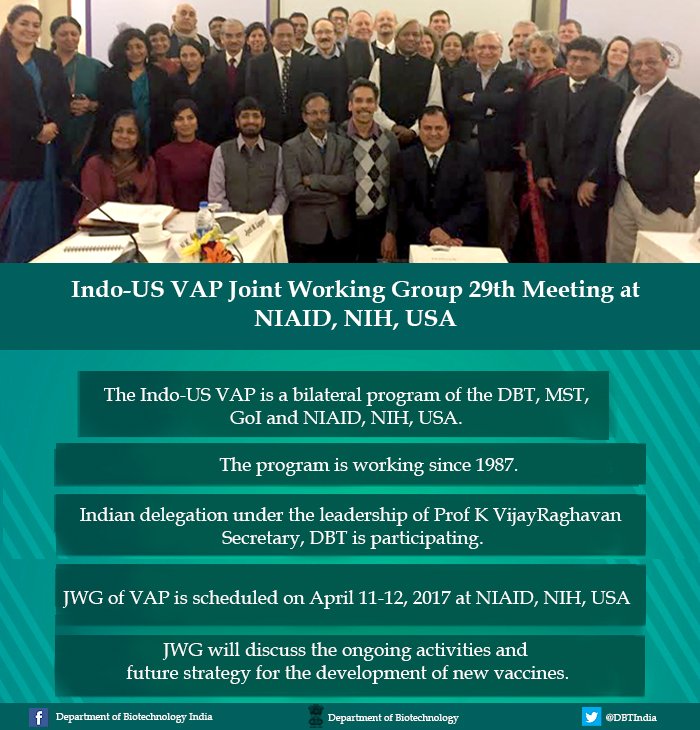 DBTIndia's tweet photo. India-US VAP Joint Working Group 29th meeting is scheduled on 11-12 April, 2017 at NIH, US https://t.co/A3wCK4UEQs
