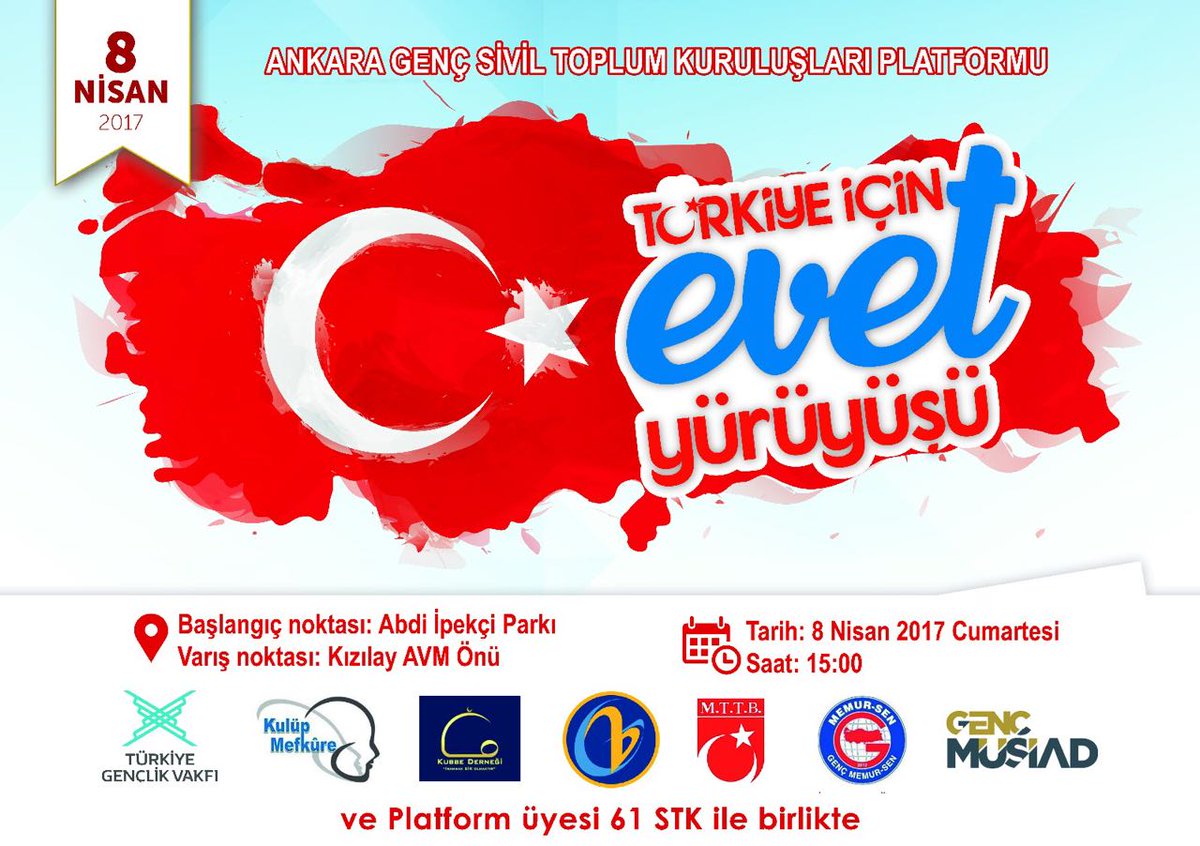 Türkiye için EVET yürüyüşü 
Yarın, Ankara Genç Sivil Top. Kuruluşları Plat. olarak düzenlediğimiz yürüyüşümüze tüm dostlarımız davetlidir.