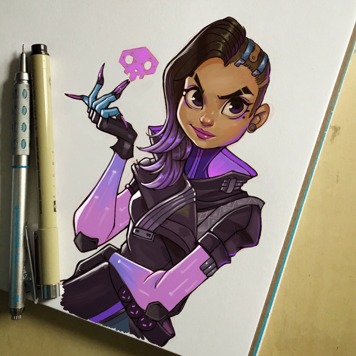 Chrissie_Zullo's tweet photo. "Miss me?" A little #Sombra #doodle. I drew this in my #sketchbook, then colored in  #Procreate. I haven't played #Overwatch in so long...😩 https://t.co/LqjV4hj53z
