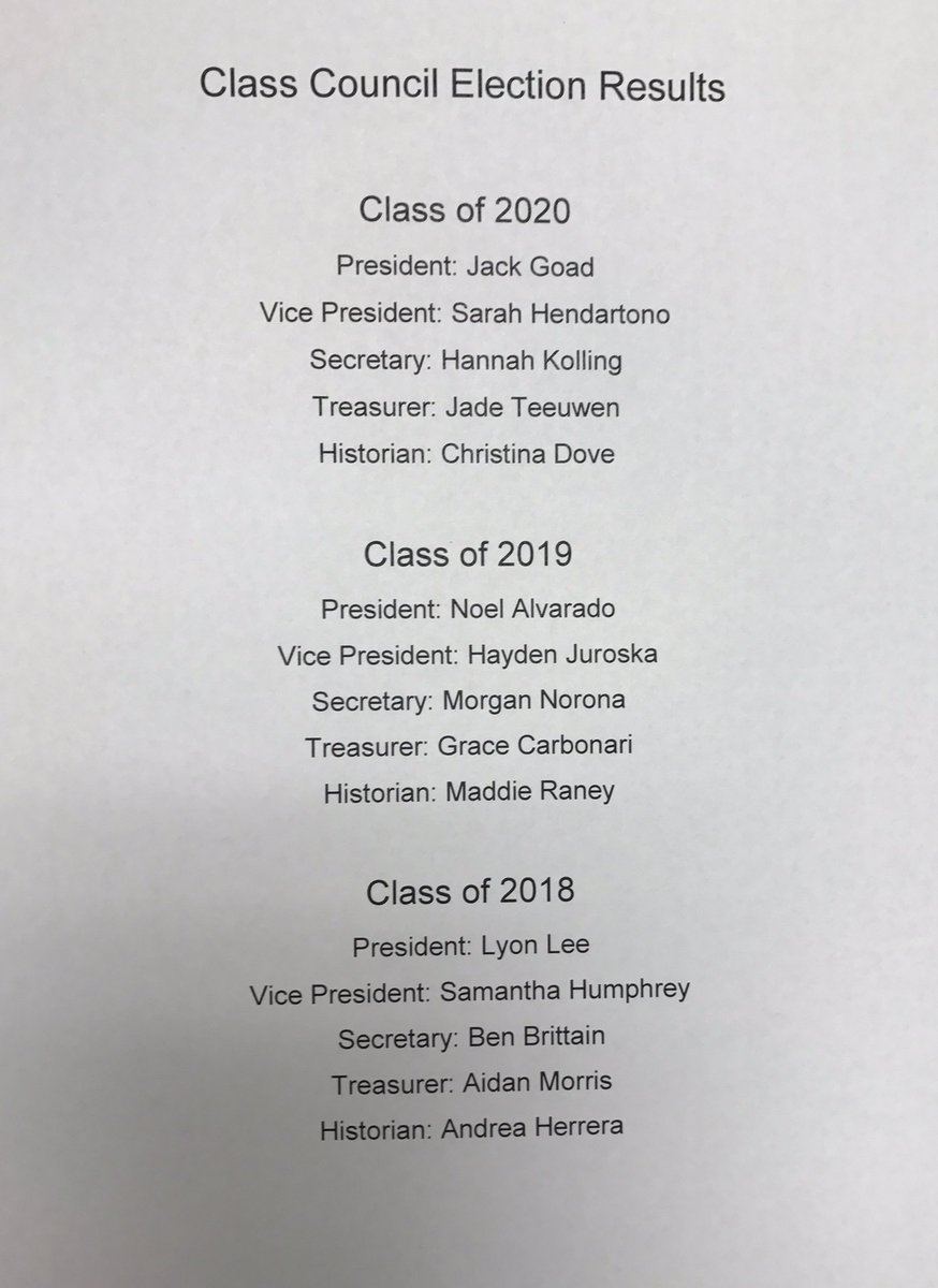 Congrats to our 2017-2018 class officers! Thanks to all who ran and voted. If you are an officer, see your class sponsor Monday. #ghsunity