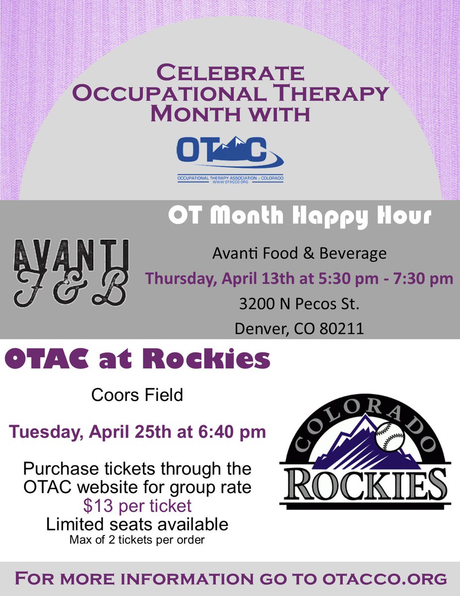 JillGroskreutz's tweet photo. We have some great #OTMonth events going on with #OTACCO! Please share/retweet with fellow Colorado OTs! https://t.co/eakP8RMA3c