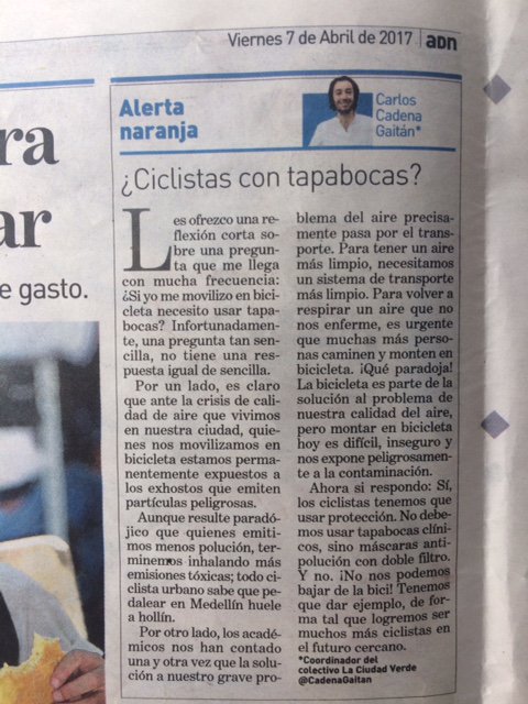 PapaClimatico's tweet photo. En mi columna de hoy en @ADNMedellin, le dejo un mensaje corto a los ciclistas (¿tapabocas?) ¡Gracias por compartir! #SOSporelaire https://t.co/Qp2OLMJg6h