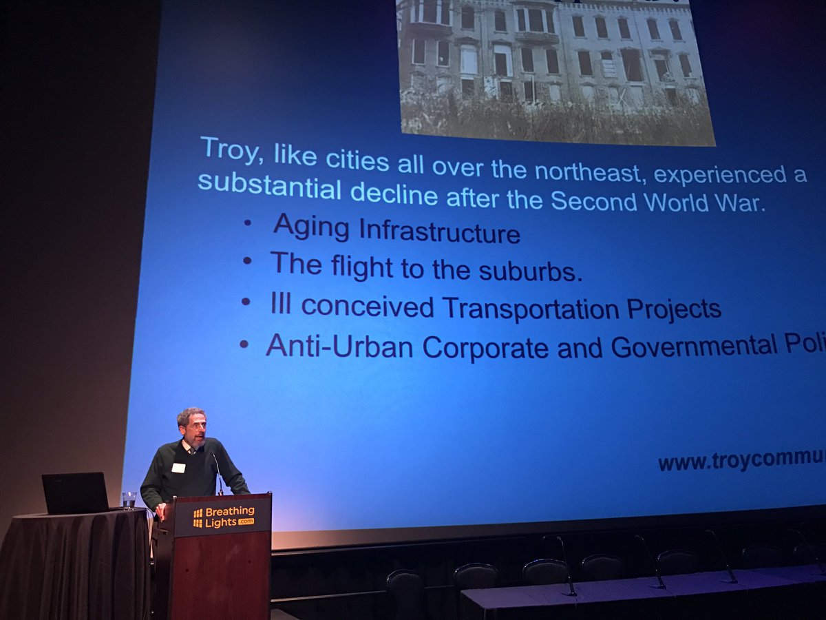 Joe Fama of <a href="/TroyNYLandBank/">Troy Community Land Bank</a> talking about the long view of how we got here with regional blight. #BreathingLights #PublicArtChallenge