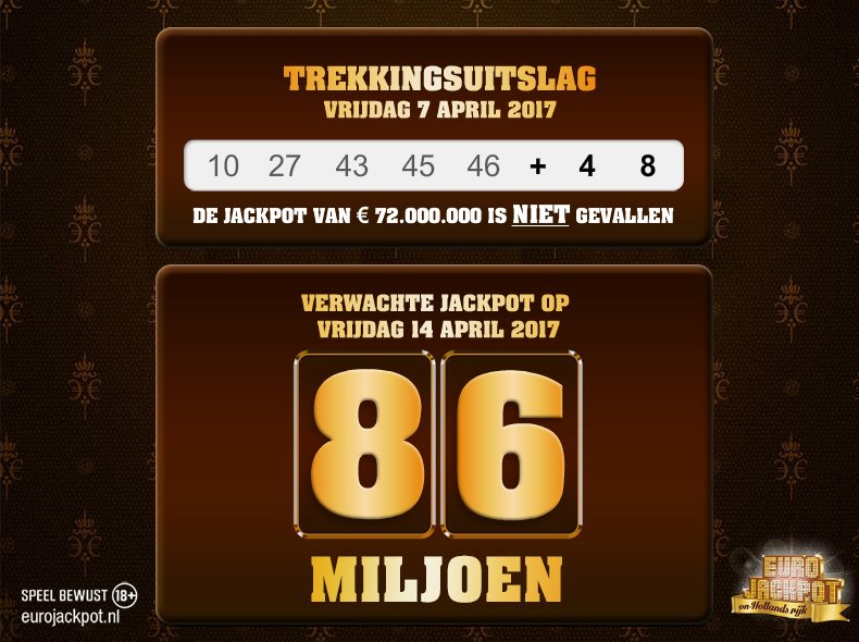 EuroJackpot_NL's tweet photo. De #Eurojackpot #trekkingsuitslag van vrijdag 7 april 2017 is bekend. Kijk op https://t.co/VlI3eqZMPe voor de uitslag. https://t.co/df2X4fKAlT